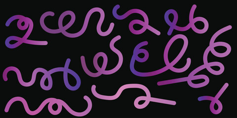 Assorted abstract wavy lines with pink and blue gradient on black background Keywords: abstract