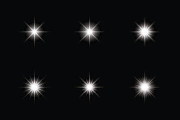 Sparkling Star Light Effects on Black Background | Bright Starburst Sparkle Light Collection | Glowing Sparkle Star Effects Isolated on Black | Abstract Shining Star Light Bursts Set | White Sparkling