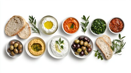 Assorted Mediterranean Appetizers with Olives Hummus Olive Oil Bread and Fresh Herbs Arrangement on White Background