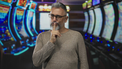 Middle age man with finger to lips for silence at casino slot machines wearing sweater and glasses; quiet secrecy.