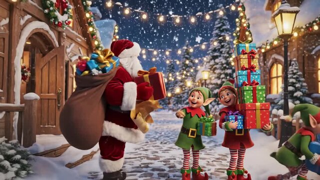 Santa Claus and Elves Delivering Gifts - In a snowy Christmas village, Santa Claus, carrying a sack full of presents, points forward as he is accompanied by three elves carrying beautifully wrapped