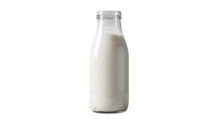 White milk fills clear glass bottle, casting soft studio light against a black backdrop. Ideal for product promotion and branding.