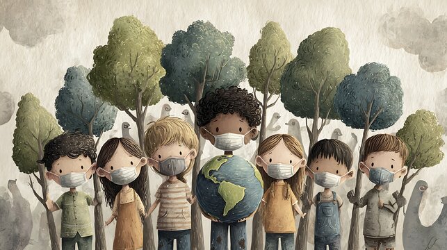 Diverse group of children wearing face masks holding a globe and trees behind them standing together
