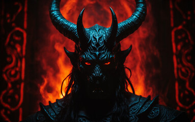 blue demon creature with large curved horns and glowing red eyes in front of fiery orange smoke and occult symbols in a hellish underworld environment.