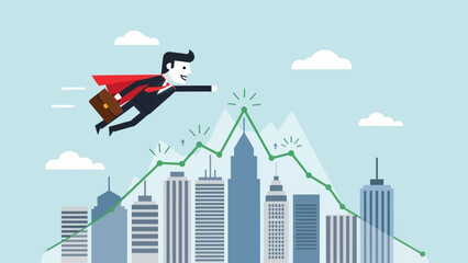 Obraz premium Businessman with Trophy and Upward Trending Bar Chart Representing Success and Achievement Businessman superhero success