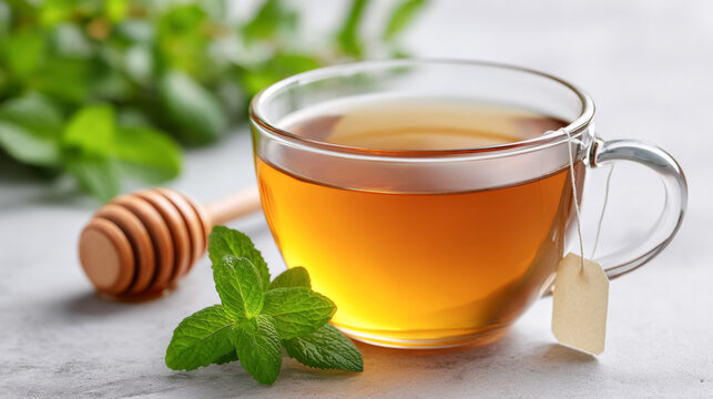 Relaxing herbal tea with mint and honey for wellness and calm