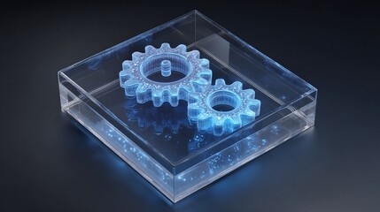 Two glowing gears within a transparent cube on a dark surface, creating a futuristic concept