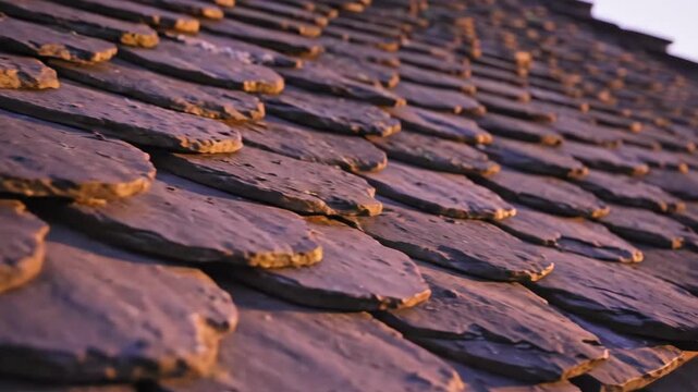 Slate Roof Tiles - A close-up view showcases a roof covered in overlapping slate tiles, displaying their texture and unique shapes. The sunlight bathes the roofing in a soft, warm light.