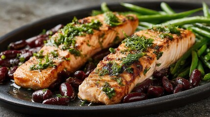 Two grilled salmon fillets garnished with herbs, served with beans on a dark plate