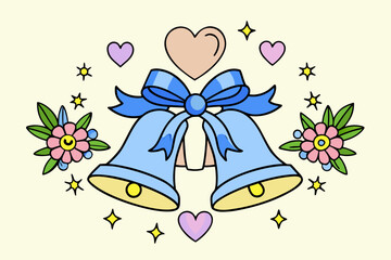 Celebratory wedding bells with flowers and hearts