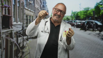 Man doctor in white coat and black polo with stethoscope and pens in pocket clenching fists as if...