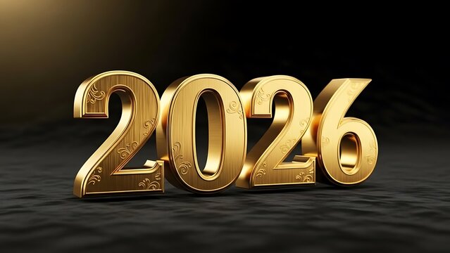 Golden 2026 Numbering on Dark Background with Shining Surface and Spotlights