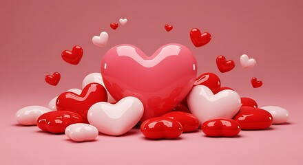 Whimsical Pile of Glossy Red & Pink 3D Hearts Floating on Soft Pink Background - Romantic Love, Valentine s Day, Celebration & Affection Stock Photo