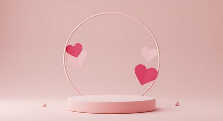Romantic Pink Podium Display: Valentine s Day Product Showcase with Floating Hearts & Ring - Minimalist 3D Render for Love Celebrations