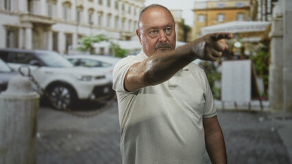 Fototapeta premium Man points finger forward on a city street near parked cars and outdoor cafe terrace showing bare forearm in polo shirt; command.
