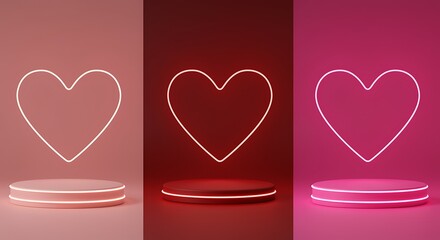 Neon Heart Triptych: Pink, Red, Magenta Glowing Love Symbols on Illuminated Pedestals - Modern Romance & Celebration 3D Render