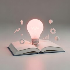 Glowing lightbulb idea on open book with 3D business icons: innovation, knowledge, creativity, learning, growth, strategy, success
