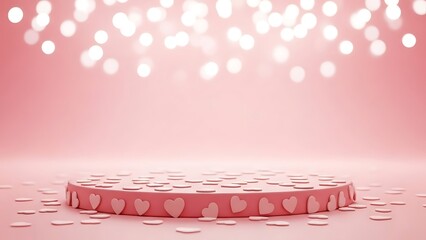 Romantic Pink Podium with Hearts & Bokeh Lights: Valentine s Day, Celebration, Love, Festive Background for Design