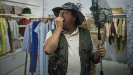Man fisherman wearing hat and fishing vest holds a landing net with one hand and presses fingers to mouth among clothing racks in a building retail store; uncertainty contrast.