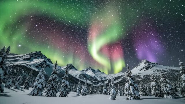 Winter Aurora Landscape - A breathtaking view of the Northern Lights illuminates the night sky above a snowy mountain range.