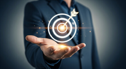 Business professional presenting glowing target symbol representing strategic success focus achievement innovation leadership goal alignment concept
