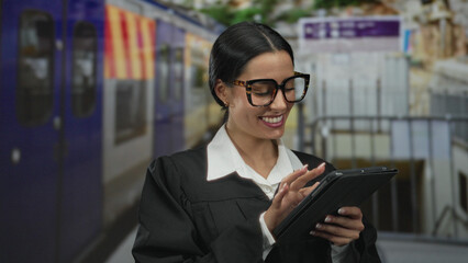 Woman in uniform at train station holding tablet, smiling, outdoors, near railway and train, young...