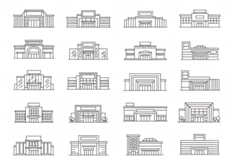 Collection of various architectural building plans and blueprints isolated on transparent background