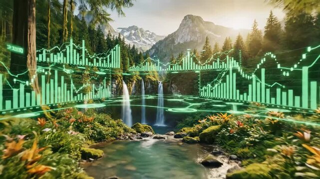 Nature's Stock: Financial Growth Visualization - This video features a stunning natural landscape with a waterfall and mountains, overlaid with a green digital stock market chart.