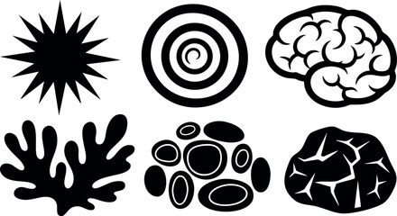 Abstract black silhouette icons of brain sun coral cells and cracked stone vector illustration 