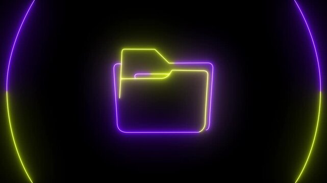 Glowing neon folder icon on a black background.4k video