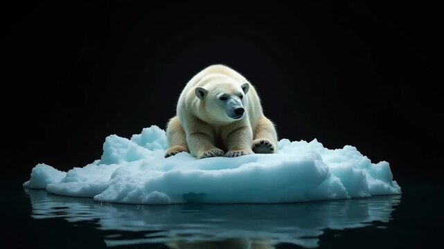 Ours blanc esseul&eacute; sur un petit iceberg. Isol&eacute; sur fond noir, symbole d'une situation triste de la fonte des glaces et de la fin d'une esp&egrave;ce