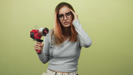 Young redhead woman holds packing tape dispenser while pressing hand to temple in studio; frustration packing task.