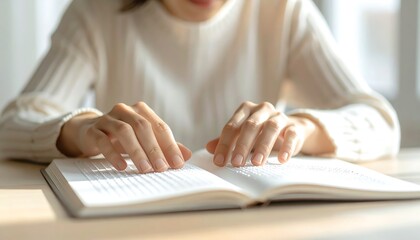 Close up of a visually impaired person's hands reading an open Braille book on a light wooden table indoors, emphasizing accessibility and education.