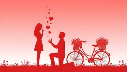 Romantic proposal scene with bicycle hearts and loving couple in a beautiful setting