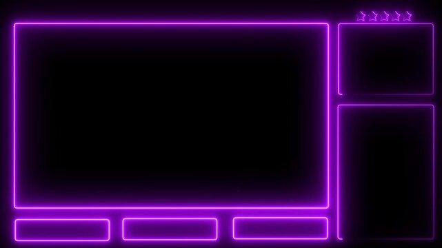 Glowing neon line intermission stream overlay with HUD face cam border animation. Neon pink chat frame design for live broadcast visuals animated on black background. 4k