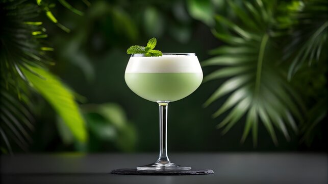 Refreshing green cocktail with foam and mint garnish on tropical background