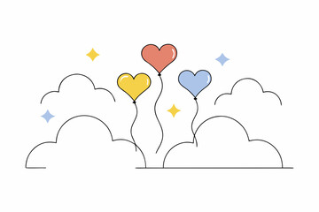 Colorful heart balloons in cloudy sky