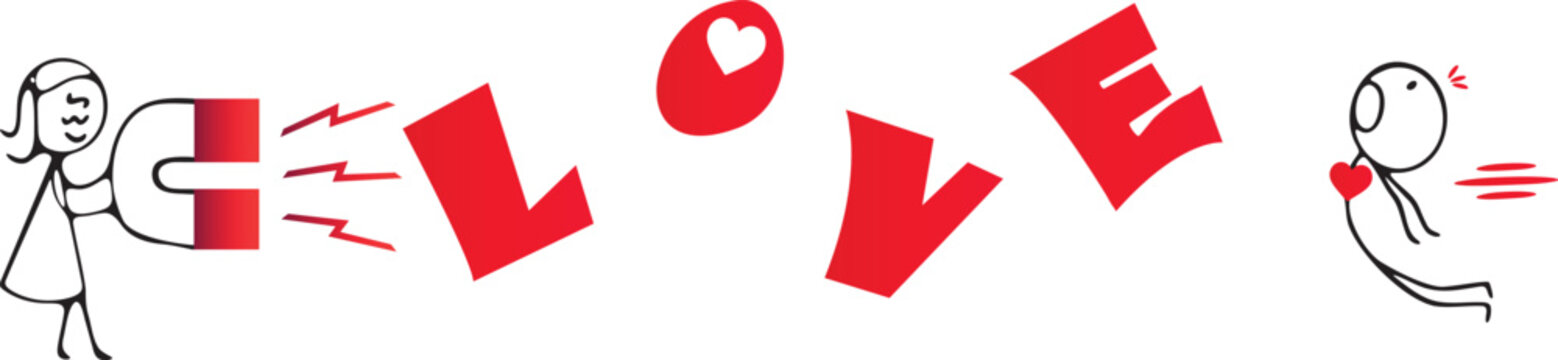 Stick figure woman holding magnet attracting red love letters and stick figure man reaching for heart