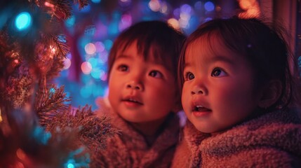 Young Children Gazing at Colorful Holiday Lights with Wonder