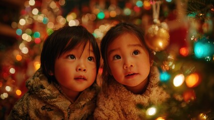 Children in Cozy Sweaters Looking Up at Christmas Tree Decorations