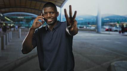 Fototapeta premium Man talking on phone, smiling and holding smartphone with palm extended toward camera at airport curb; confidence connection.