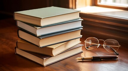 Stacks of Knowledge: A collection of vintage books sit stacked beside a pair of glasses and a pen on a wooden table, illuminated by the natural light coming through a window.