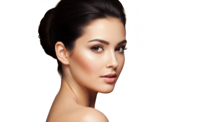 Woman with dark hair and makeup looking over her shoulder isolated on transparent background with a gentle expression