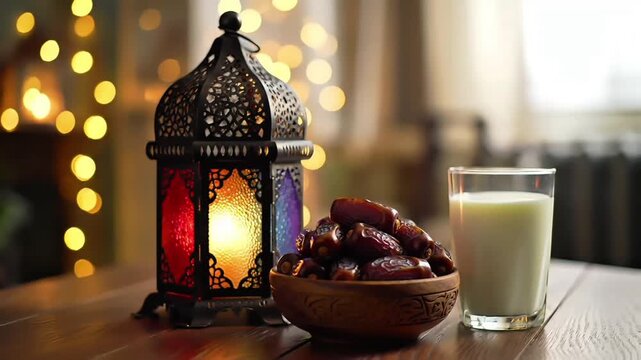 A bowl of dates and a glass of milk sit beside a lit lantern on a wooden table with warm lights in the background, conveying a cozy and inviting atmosphere during Islamic Ramadan.
