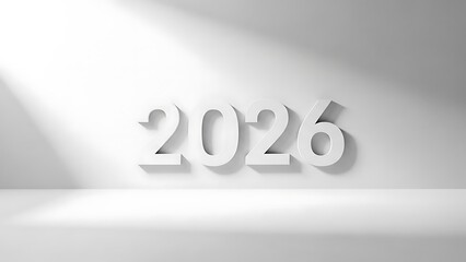 A minimalist white room with the year 2026 illuminated by a spotlight from above