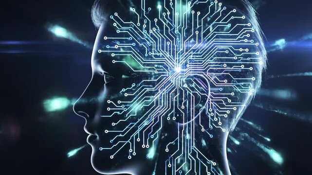 Artificial Intelligence Concept - This video showcases a human head silhouette with a complex circuit board pattern overlayed on it, symbolizing artificial intelligence and technological advancement.