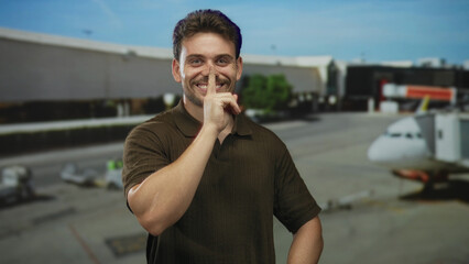 Fototapeta premium Young hispanic man at airport terminal smiling with finger to lips in a playful shushing gesture near jetway and airplane apron; playful secrecy.