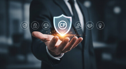 Intellectual property compliance concept with secure corporate hand presenting copyright protection law trust technology