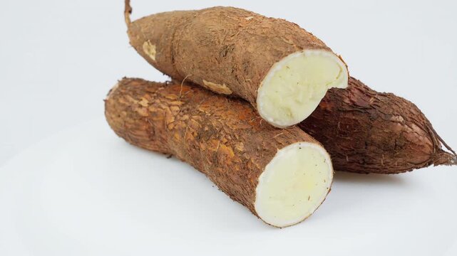 Freshly Harvested Cassava Root Rotating on White Background