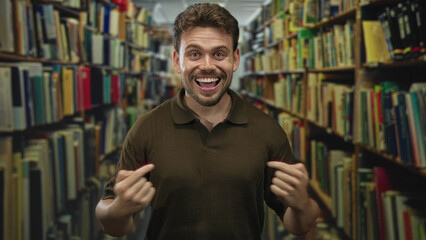 Man points finger to chest amid books on crowded library shelves inside a building aisle;...